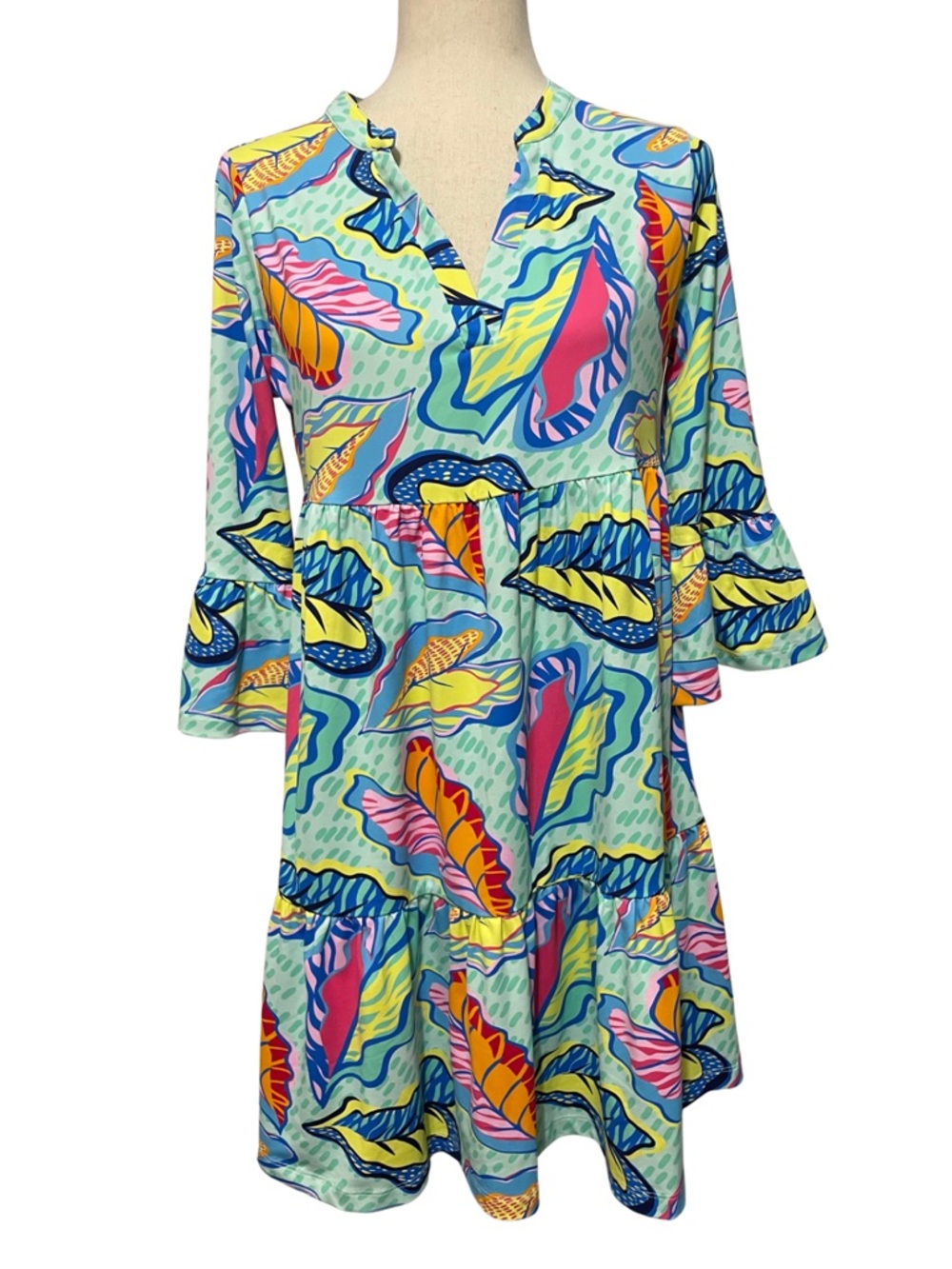 Mary Square Island Time Laguna Dress NWT Bell Sleeve Tiered Mini Size M